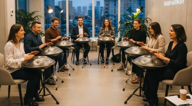 Ein Handpan Team Events. Die Teilnehmer spielen gemeinsam auf verschiedenen Handpans in einem modernen Raum.