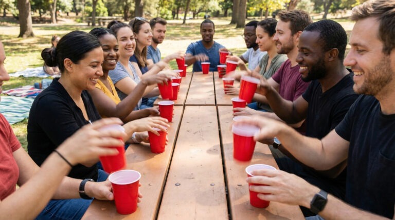 Gruppenspiel Team Event Cup Song im Outdoor mit roten Bechern und fröhlichen Teilnehmern am Tisch.