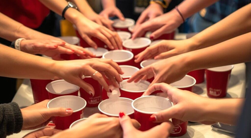 Mehrere Hände greifen nach roten Bechern, während eine Gruppe an einem kreativen Team Event für Cup Songs teilnimmt.
