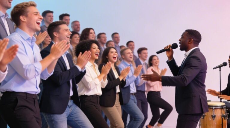 Begeisterte Mitarbeiter bei einem Team-Event, die beim Gesang eines Sängers aktiv mitklatschen und Spaß haben.