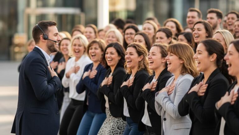 Eine Gruppe von fröhlichen Teilnehmern führt gemeinsam Body Percussion mit einem Trainer im Freien durch.