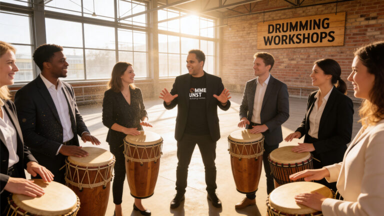 Trommelkunst Team Event: Gruppe von Personen mit Trommeln in einem Workshop mit dem Trainer.